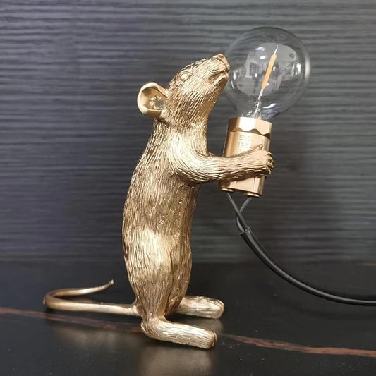 NorDiem Modern Cute LED Resin Animal Mouse Table Lamp Art Mouse Children's Bedside Gift Desk Lights Small Mini Mice lamp(Gold Standing)