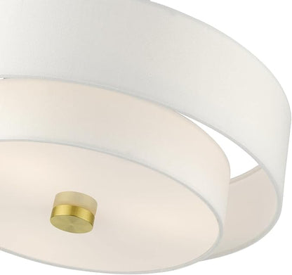 Livex Lighting 51044-12 Meridian Collection 3-Light Semi Flush Mount Ceiling Light with Off-White Hardback Fabric Shade, Satin Brass 15 x 15 x 8.25