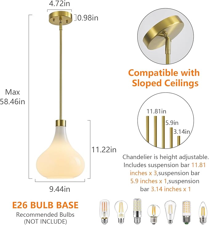 Modern Glass Pendant Light 9.44 in MilkyLuster Glass Shade Gold Farmhouse Island Pendant Lights for Kitchen Pendant Lighting Over Sink Bedroom Dining Room