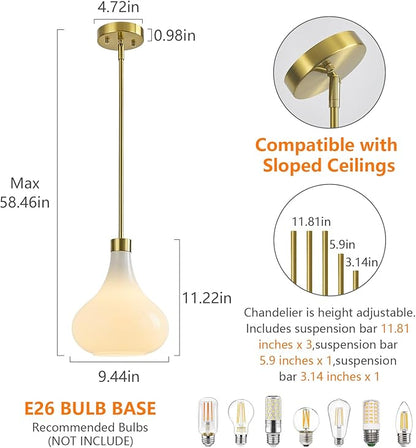 Modern Glass Pendant Light 9.44 in MilkyLuster Glass Shade Gold Farmhouse Island Pendant Lights for Kitchen Pendant Lighting Over Sink Bedroom Dining Room