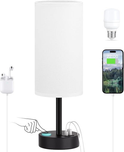 Dicoool White Touch Table Lamp with USB - 3 Way Dimmable Bedside Lamp for Nightstand, Bedroom Lamp with Black Charging Station for Desk, Office, Kids Room, Dorm, Small