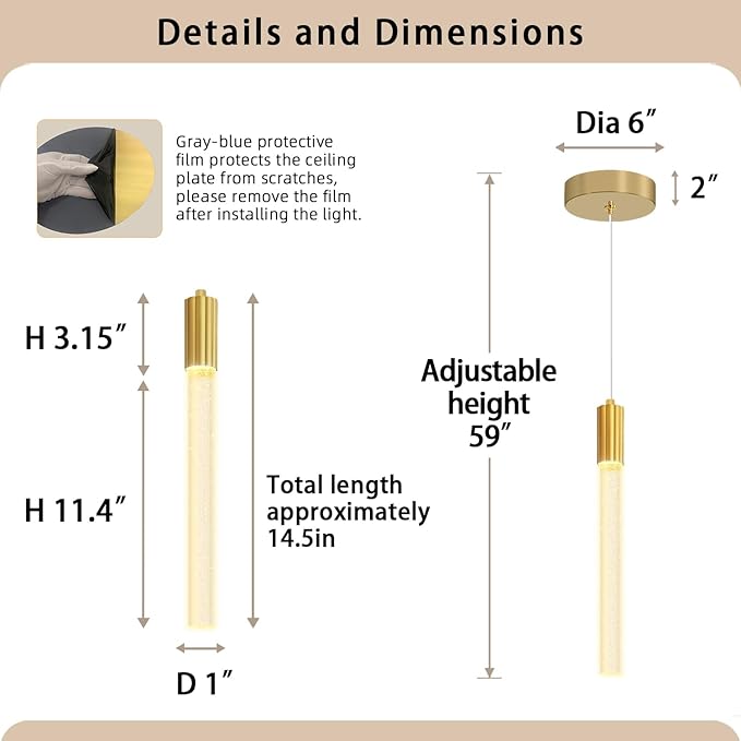 Modern Gold Crystal Column Pendant Light, Dimmable LED Chandelier, Adjustable Hanging Pendant Lighting for Kitchen Island