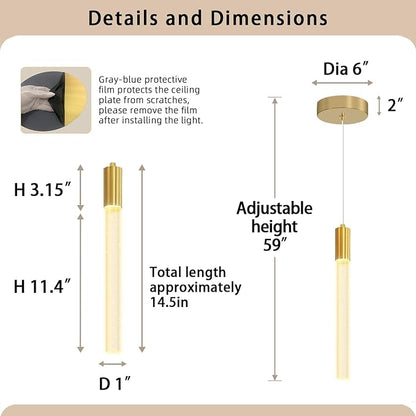 Modern Gold Crystal Column Pendant Light, Dimmable LED Chandelier, Adjustable Hanging Pendant Lighting for Kitchen Island