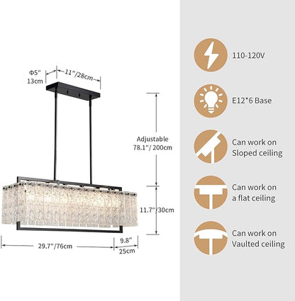 Shrine Lighting Crystal Chandeliers, Modern Luxury Style, Perfect Pendant Light Fixture for Living Space, D20'' × H4'', Adjustable 43'', 6 x E12 Sockets, Glass Shade & Black Finish Frame