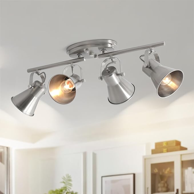 4-Light Track Lighting Fixtures Ceiling, Industrial Modern Kitchen Track Lighting, Nickel Directional Ceiling Light, for Kitchen Island, Dining Room, Living Room