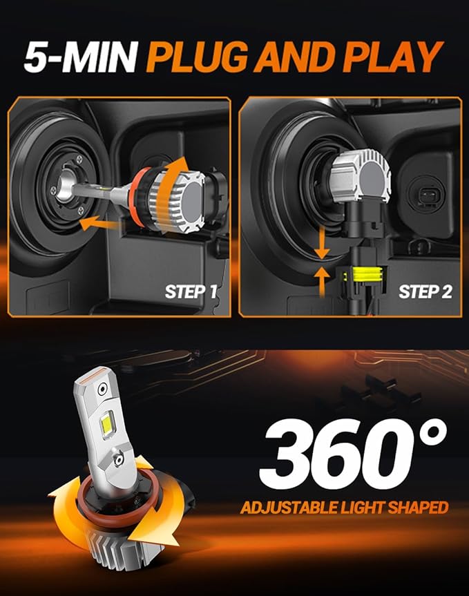SEALIGHT H11 LED Fog Light Bulbs, 44000LM H8 H16 H11 LED Bulbs 6500K Cool White, 360° Adjustable Ring, Non-Polarity, IP68 Waterproof, Pack of 2