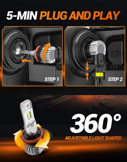SEALIGHT H11 LED Fog Light Bulbs, 44000LM H8 H16 H11 LED Bulbs 6500K Cool White, 360° Adjustable Ring, Non-Polarity, IP68 Waterproof, Pack of 2