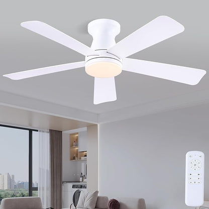 46" White Low Profile Ceiling Fans with Lights,Modern Flush Mount Ceiling Fans with Reversible DC Motor,Dimmable 3 Colors 6 Speeds