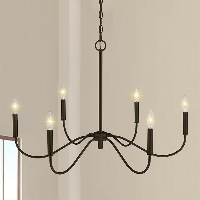Farmhouse Black Chandelier Rustic Candle 6-Light Pendant Light 30 Inches Adjustable Height Ceiling Light Fixture for Living Room Kitchen Island Dining Room Bedroom Foyer