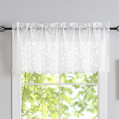 ALIGOGO Floral Lace Kitchen Curtains and Valances Set 3 Pc 24 inch Length Cottage Sheer Cafe Curtains with Valance Boho Country Farmhouse Decor for Office Laundry Bathroom RV,52" x 24" White