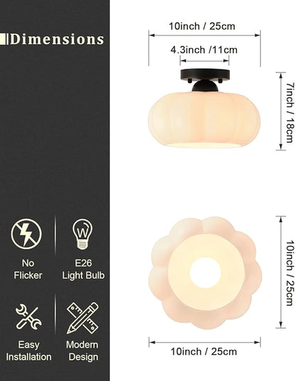 Vintage Semi Flush Mount Ceiling Light,Mid Century Modern Ceiling Lights,10 Inch Milk White Glass Shade with a Black Base,for Bedroom,Kitchen,Hallway,Entryway