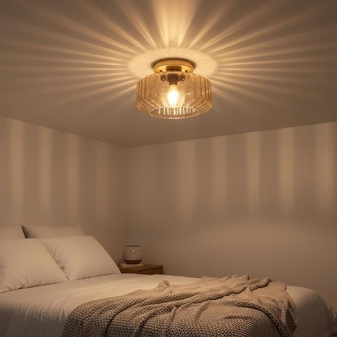 Amber Semi-Flush Mount Ceiling Light, Mid-Century Small Ceiling Light Fixture, E26 Base 1-Light Gold Ceiling Lamp for Kitchen Bathroom Hallway Bedroom Entryway