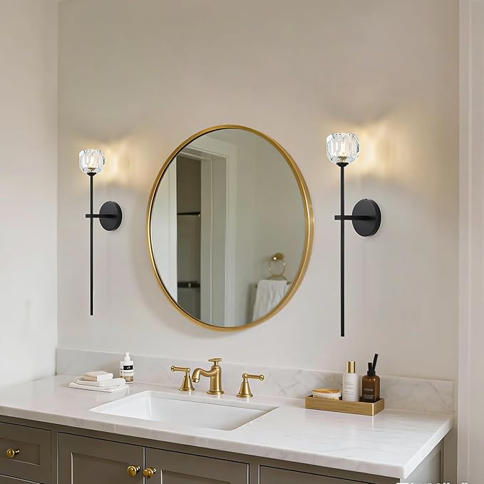 Black Crystal Wall Sconces Set of Two with G9 Bulbs, Mid Century Modern Diamond Light Brass Vintage Long Lighting Fixture Hardwired for Elegant Vanity Living Room Bedroom Bathroom Hallway