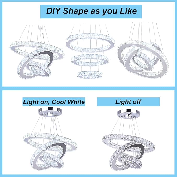 Modern 3 Ring Round Crystal Chandelier Adjustable Stainless Steel Pendant Lighting LED Crystal Ceiling Light Fixture for Living Room Dining Room Bedroom Cool White