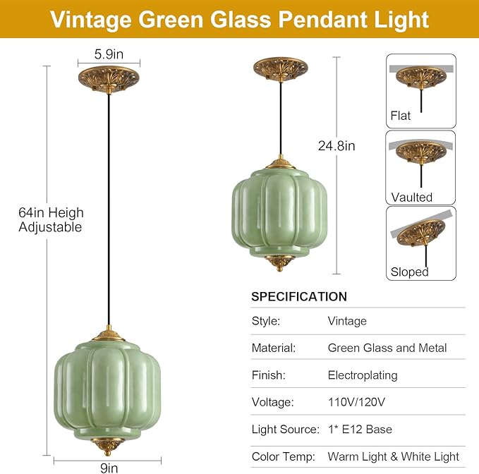Green Glass Pendant Light, 9in Medium Schoolhouse Light Fixture, LED Bulb Included, Vintage Art Deco Chandelier for Kitchen Island Dining Room Bedroom Hallway, Green & Antique Gold 1 Pack
