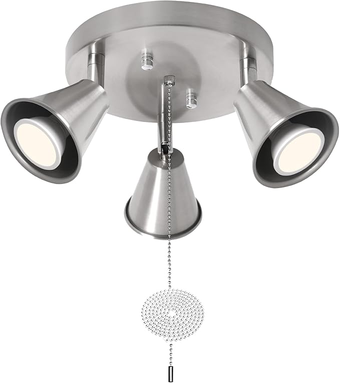 3-Light Industrial Directional Track Lighting with Pull Chain On/Off, Adjustable Round Ceiling Spotlight, Morden Nickel Flush Mount Kitchen Light for Hallway,Dining Room,Gu10 Bulbs Included