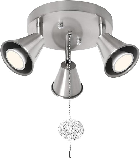 3-Light Industrial Directional Track Lighting with Pull Chain On/Off, Adjustable Round Ceiling Spotlight, Morden Nickel Flush Mount Kitchen Light for Hallway,Dining Room,Gu10 Bulbs Included