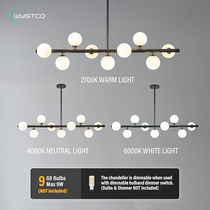 Mid Century Modern Globe Sputnik Chandelier, 9-Light Linear Chandeliers for Dining Room and Kitchen Island, Dining Light Fixture Over Table, Black and Milk White Glass Bubble, 40 Inch