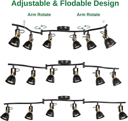 6 Light Foldable Track Lighting Kit,Matt Black Brass Finish Adjustable with Moden Ceiling Flush Mount Spotlight for Kitchen,Dining,Living Room,Home Improvement