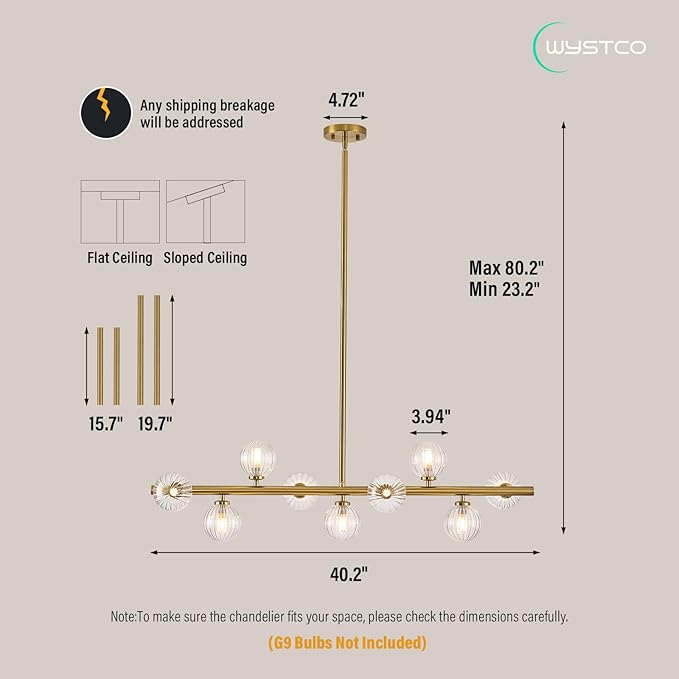 Mid Century Modern Glass Globe Sputnik Chandelier, 9-Light Linear Chandeliers for Dining Room, Kitchen Island, Living, Dining Light Fixture Over Table, Brass Gold and Clear Bubble, 40 Inch