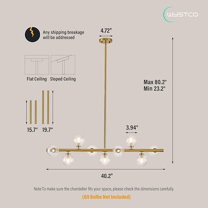 Mid Century Modern Glass Globe Sputnik Chandelier, 9-Light Linear Chandeliers for Dining Room, Kitchen Island, Living, Dining Light Fixture Over Table, Brass Gold and Clear Bubble, 40 Inch