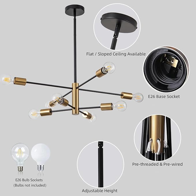 SineRise Modern Sputnik Chandelier Light Fixture, 8-Light Chandelier Ceiling Light Fixture Black and Gold Mid Century Chandelier Height Adjustable for Kitchen, Living Room, Bedroom, Hallway and Foyer