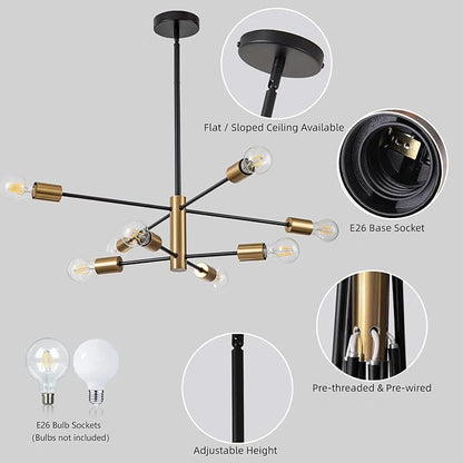SineRise Modern Sputnik Chandelier Light Fixture, 8-Light Chandelier Ceiling Light Fixture Black and Gold Mid Century Chandelier Height Adjustable for Kitchen, Living Room, Bedroom, Hallway and Foyer