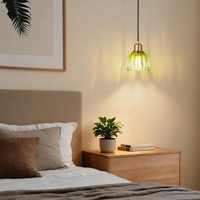 TALOYA Pendant Light 3 Pack with Green Tulip Glass Lmapshade, Brass Vintage Pendant Light Adjustable Hanging Light for Kitchen Island Bedroom Dining Room Hallway& Bar