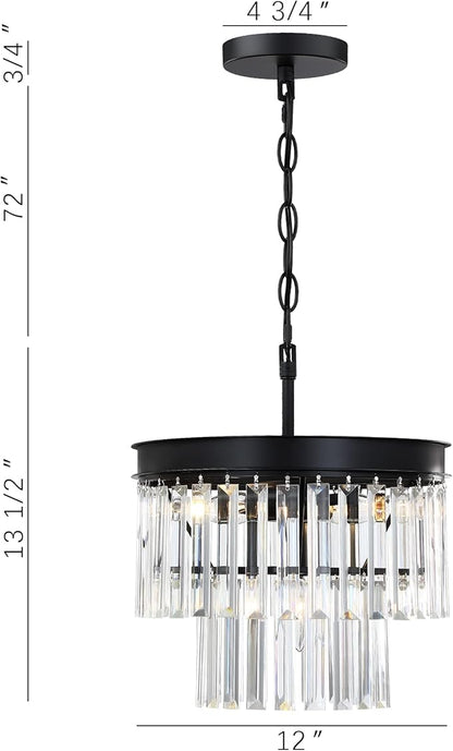 MEXO Crystal Chandelier Lighting Fixture Black Finish, 2-Tier Crystal Hanging Chandelier Lights for Living Room Bedroom Dinning Room Hallway
