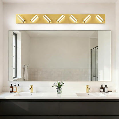 IZORRO LED Modern Bathroom Lights Fixtures(7-Light,Dimmable,360°Rotate),Brushed Glod Acrylic Wall Lighting,Vanity Lights for Bathroom Over Mirror - 6000k 40In （No Assembly Required）