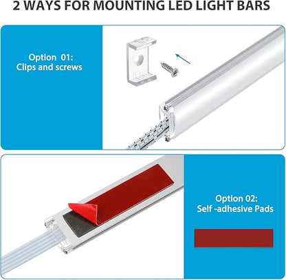 Under Cabinet LED Lights Kit. RGB Color Changing & Super Bright White Lighting. Dimmable with Remote. 6 pcs Linkable LED Light Strips with Power Supply, Extension Cords. Plug in. Max 24W. RGB + 5000K.