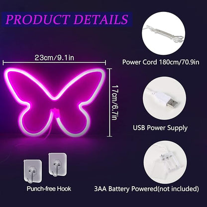 2 Pieces Butterfly Neon Sign, LED Light for Bedroom Wall Decor, USB/Battery Powered Night Light for Kids Room, Girls Home, Wedding, Birthday Party Art Decorations
