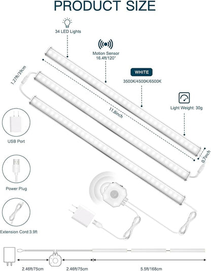 Daymeet Motion Sensor Dimmable 12 Inch Ultra Thin Under Cabinet Lighting, Under Cabinet Lights Plug in, Super Bright LED Lights Bar Under Counter Lights Indoor for Kitchen, Shelf, Closet (3 Pack)