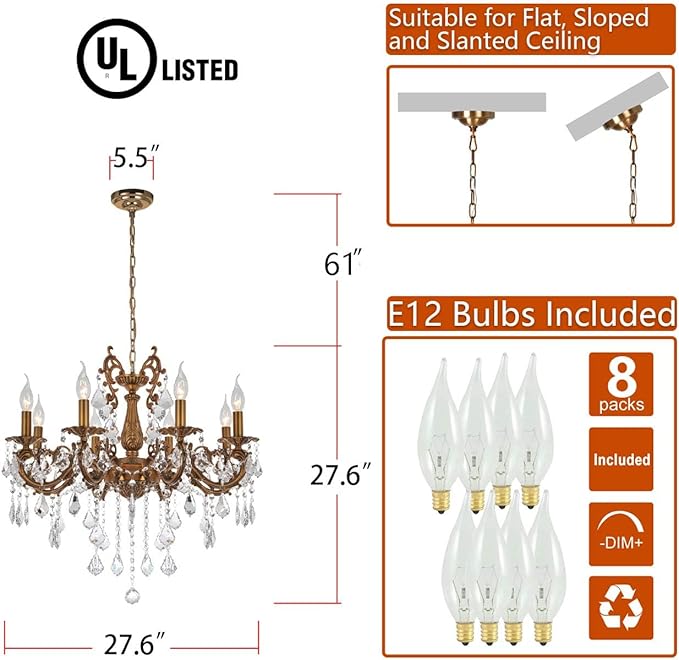 Crystal Chandeliers Contemporary Chandelier Island Lighting 8 Lights Candle Pendant Ceiling Light Fixture for Dining Room Living Room Kitchen Bedroom Hallway Entry D27.6