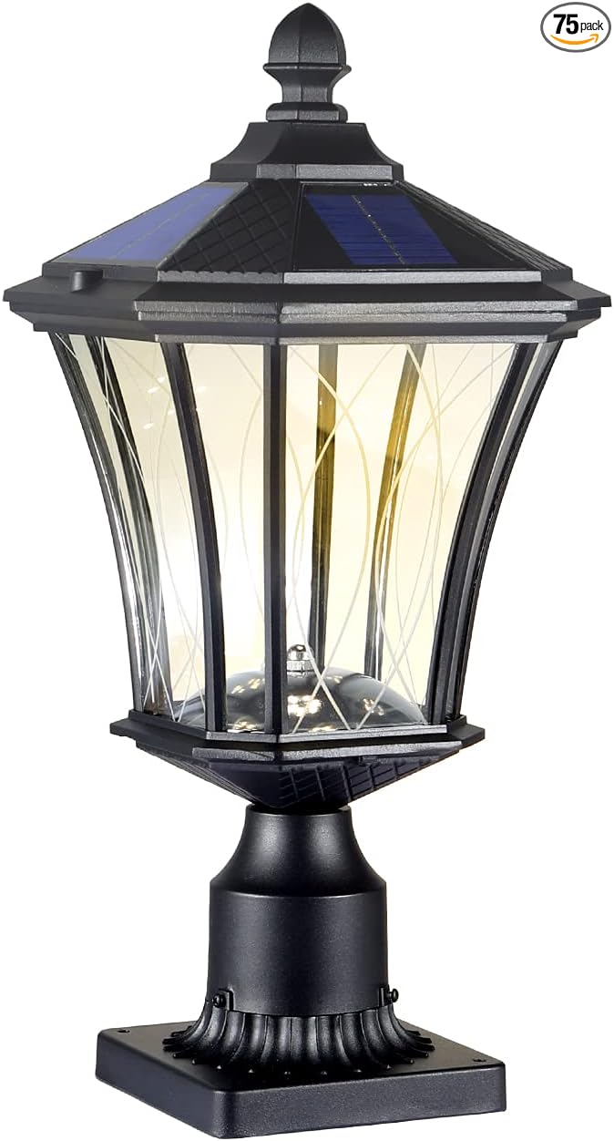 Solar Post Lights Dusk to Dawn Outdoor Solar Lamps with Pier Mount Base, Waterproof Exterior Pole Lights Head with Patterned Glass, Pillar Light for Outside House, Driveway, Black