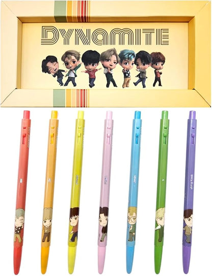 TinyTAN BTS Merchandise Official Licensed Kpop Merch Character Ballpoint Pen, 0.5mm, (1 Pack of 7 Pens) (Dynamite Ver.)