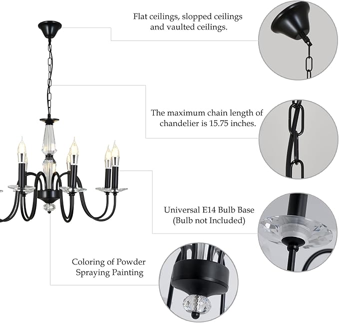 Black Chandelier, 8-Light Farmhouse Candle Chandelier for Living Room, Rustic Industrial Pendant Chandeliers for Dining Room, Vintage Crystal Hanging Light fixture for Hallway Kitchen Foyer E12