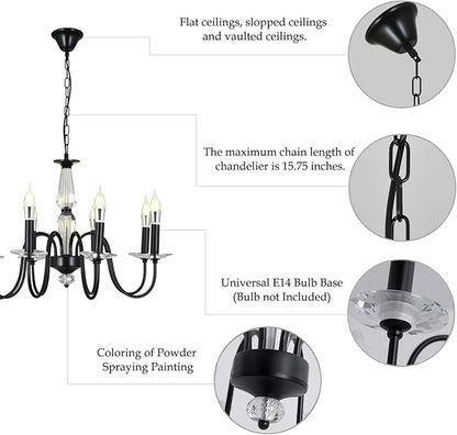 Black Chandelier, 8-Light Farmhouse Candle Chandelier for Living Room, Rustic Industrial Pendant Chandeliers for Dining Room, Vintage Crystal Hanging Light fixture for Hallway Kitchen Foyer E12