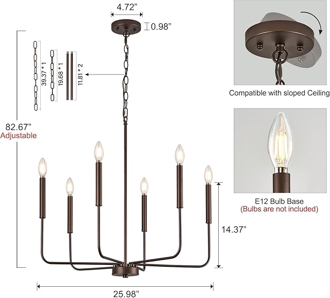 Modern Oil-Rubbed Bronze Chandelier for Dining Room, Metal 6-Light Kitchen Light Fixtures, Farmhouse Candle Hanging Pendant Light for Living Room Entryway Foyer Bedroom (Bulbs Not Included)