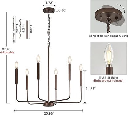 Modern Oil-Rubbed Bronze Chandelier for Dining Room, Metal 6-Light Kitchen Light Fixtures, Farmhouse Candle Hanging Pendant Light for Living Room Entryway Foyer Bedroom (Bulbs Not Included)