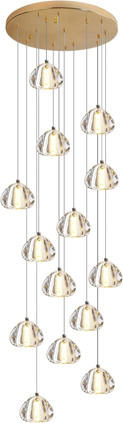 Modern Crystal Chandelier 14-Lights High Ceiling Raindrop Chandelier Lighting Fixture, Large LED Round Indoor Lighting Fixture Gold for Foyer Staircase Living Room
