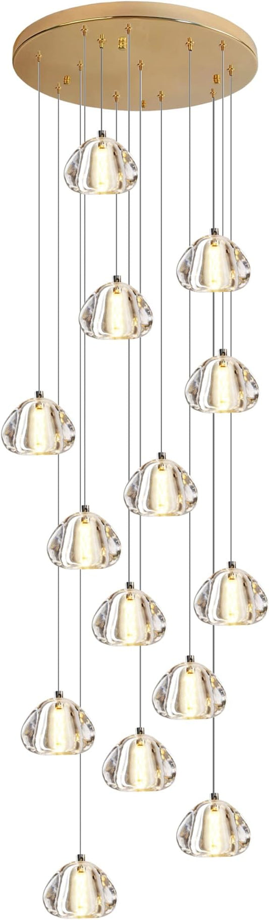 Modern Crystal Chandelier 14-Lights High Ceiling Raindrop Chandelier Lighting Fixture, Large LED Round Indoor Lighting Fixture Gold for Foyer Staircase Living Room