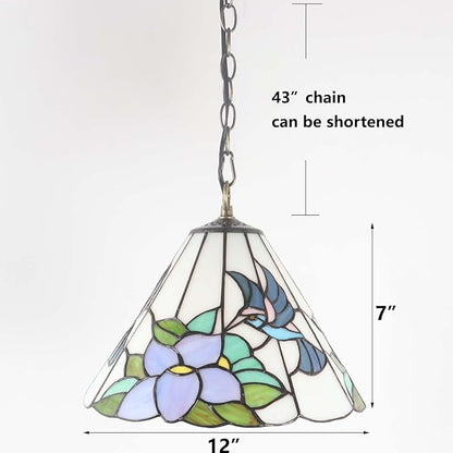 Bieye L11053 Hummingbird Flower Tiffany Style Stained Glass Ceiling Pendant Fixture for Home Decoration (Blue, 12-inch Wide)