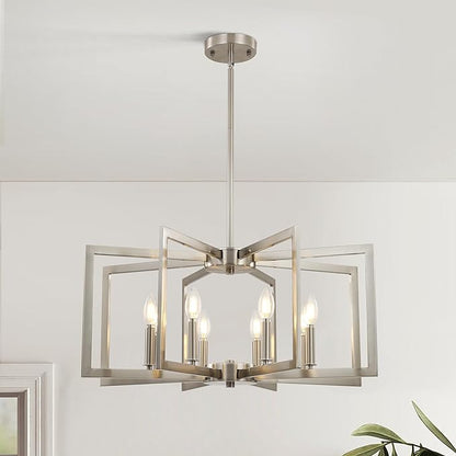 Klgxnrd 8-Light Modern Farmhouse Brushed Nickel Chandeliers for Dining Room, Large Industrial Kitchen Table Chandelier, Metal Geometric Hanging Light Fixture for Living Room Entryway Foyer Stairway