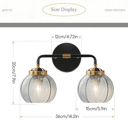 Vintage Bathroom Vanity Light Fixture Modern Wall Sconce Over Mirror with Ribbed Smoky Gray Globe Lamp Shade Mid Century Black Gold Vanity Lights Fixtures for Farmhouse Dining Room