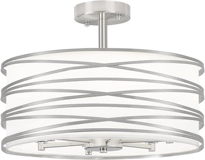 TOULMJ 6-Light Semi Flush Mount Ceiling Light, 16.53‘’ Brushed Nickel Drum Chandelier with White Fabric Shade, Modern Farmhouse Dimmable Light Fixtures for Kitchen Laundry Hallway Dining Room Foyer