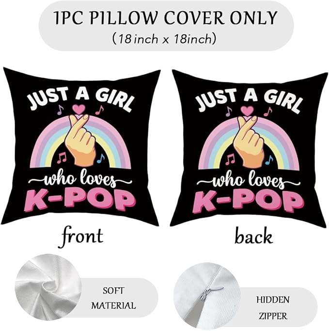 K-pop Decor, Just a Girl Who Loves K-pop Room Decor, Rustic Anime Lovers Throw Girls K-pop Gifts Pillow Covers for Living Room Home Girl Bedroom Decoration Gifts-Rainbow