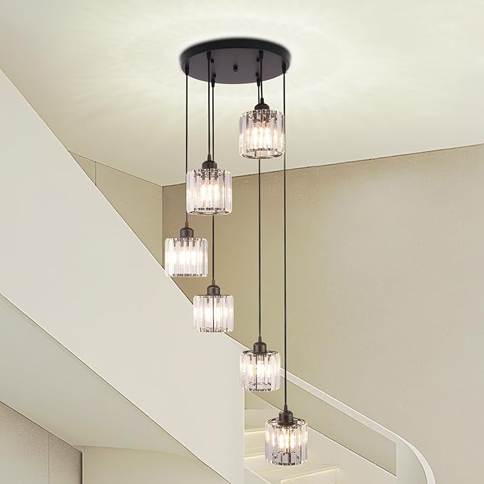 Long Chandelier for High Ceilings Modern Crystal Long Pendant Light Raindrop Drop Lamp Hanging Flush Mount Chandelier Ceiling Light for Staircase Foyer Living Room Entryway 6 Lights