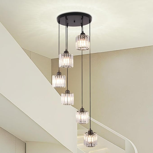 Long Chandelier for High Ceilings Modern Crystal Long Pendant Light Raindrop Drop Lamp Hanging Flush Mount Chandelier Ceiling Light for Staircase Foyer Living Room Entryway 6 Lights