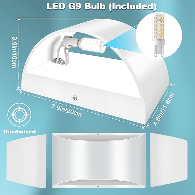 White Aluminum Modern LED Wall Sconce Indoor Wall Lights 1 Pack Hardwired Up and Down Wall Mount Light for Living Room Bedroom Corridor Hallway Conservatory Cool White 6000K(with G9 Bulbs)